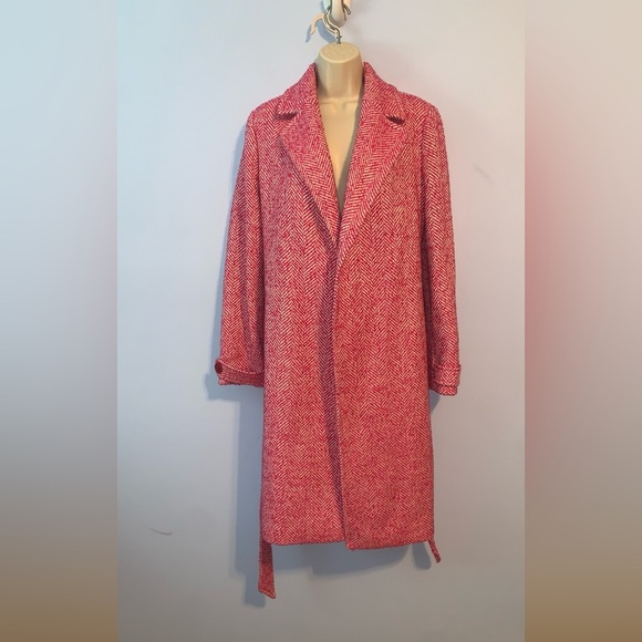 Express pink white tweed long belted car coat Chic size small open front wool - Picture 3 of 10